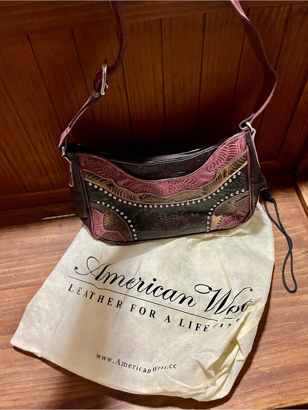 American West Brown and Pink Tooled Leather Shoulder Bag